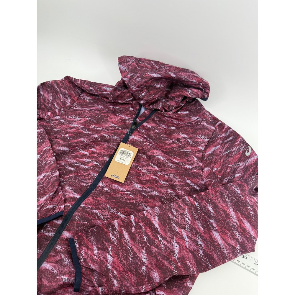 Asics Womens Packable Jacket XL Burgundy Abstract Print‎ Hooded Windbreaker